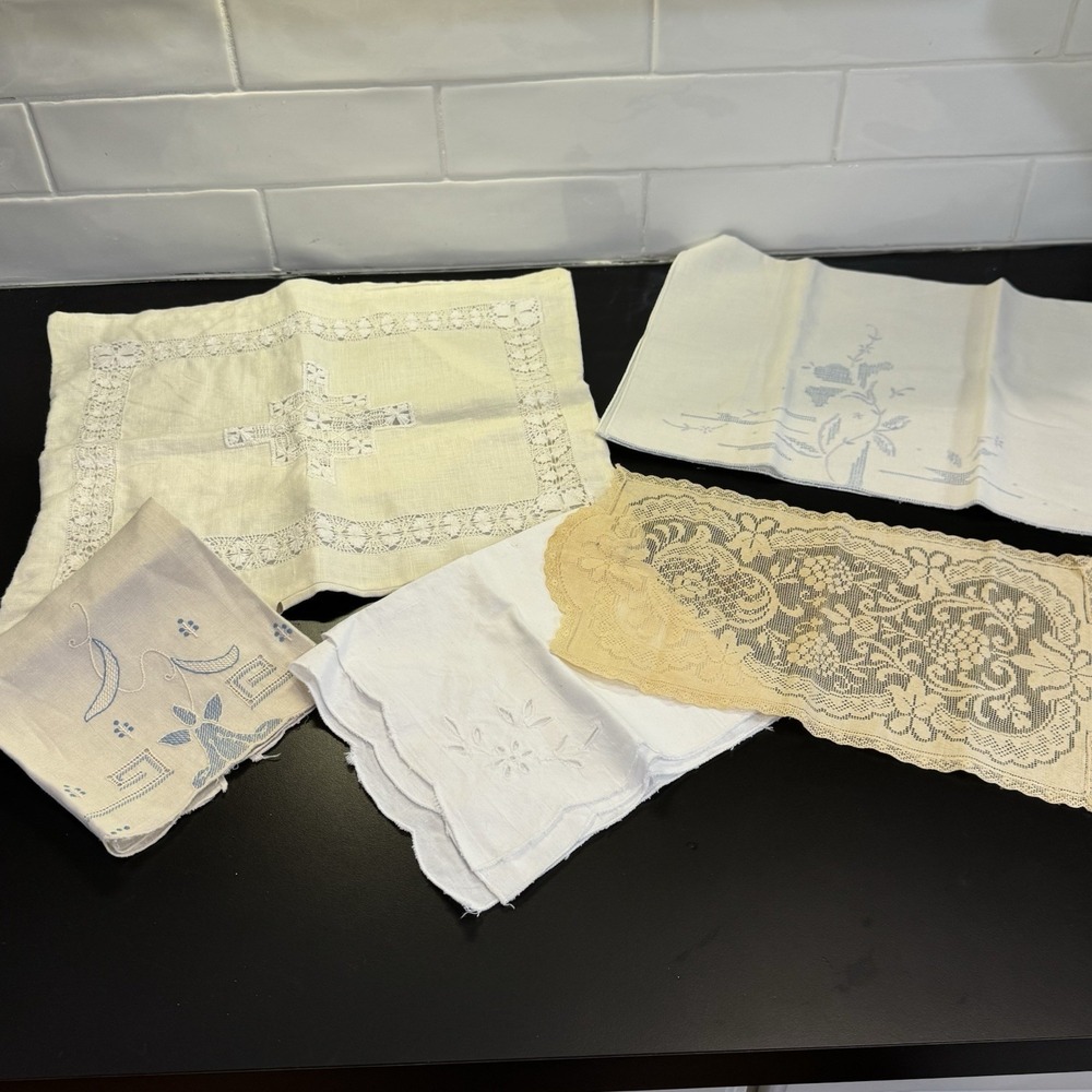 5 Piece Lot Linen Handkerchief Tea Towel Pillowcase Cutwork Lace Handmade